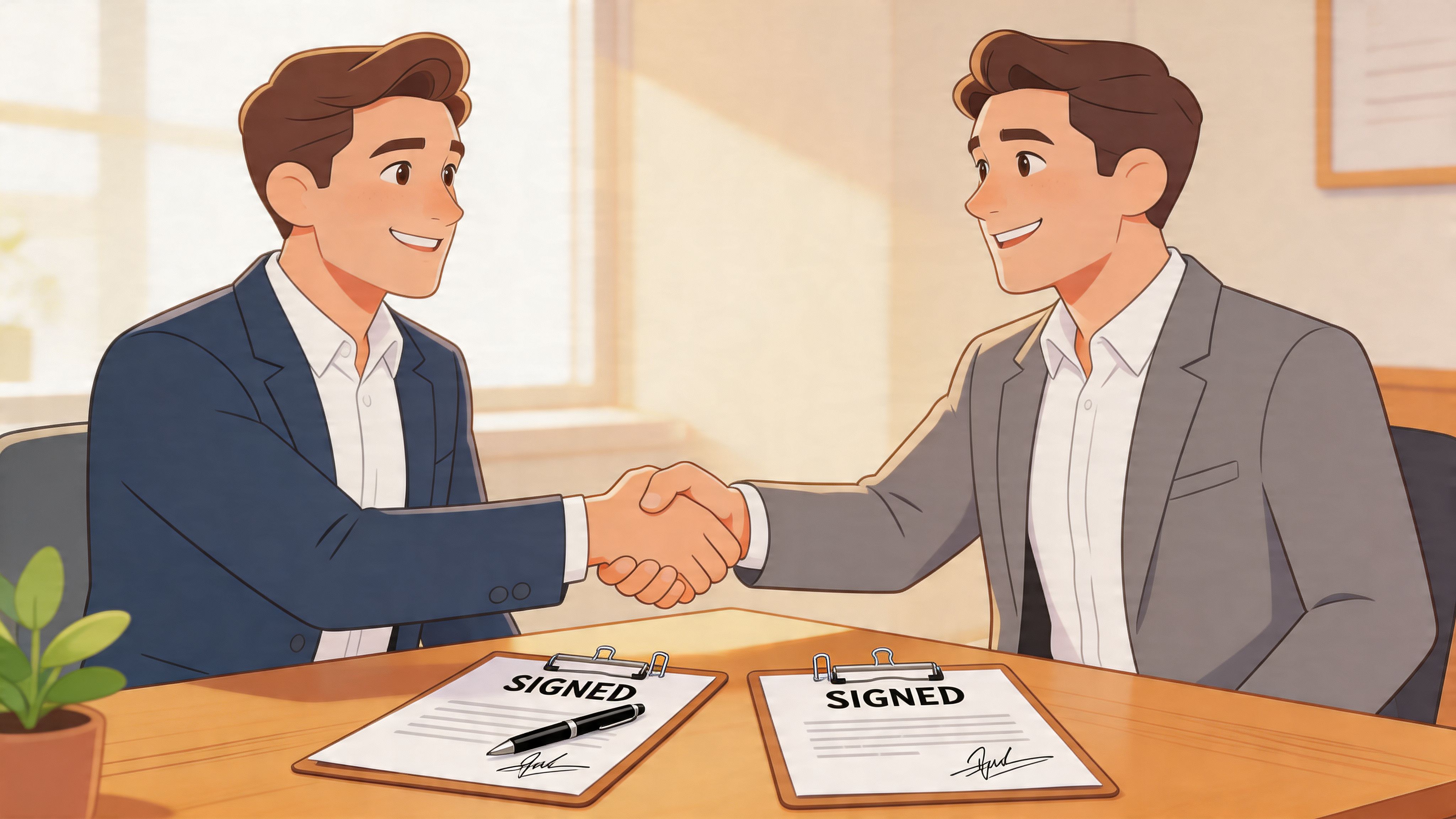 Two professional business partners shaking hands after signing a contract at an office desk.