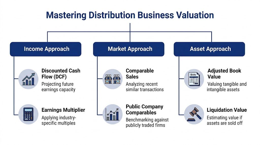 A diagram outlining three main valuation methods for a distribution business: income, market, and asset approaches.