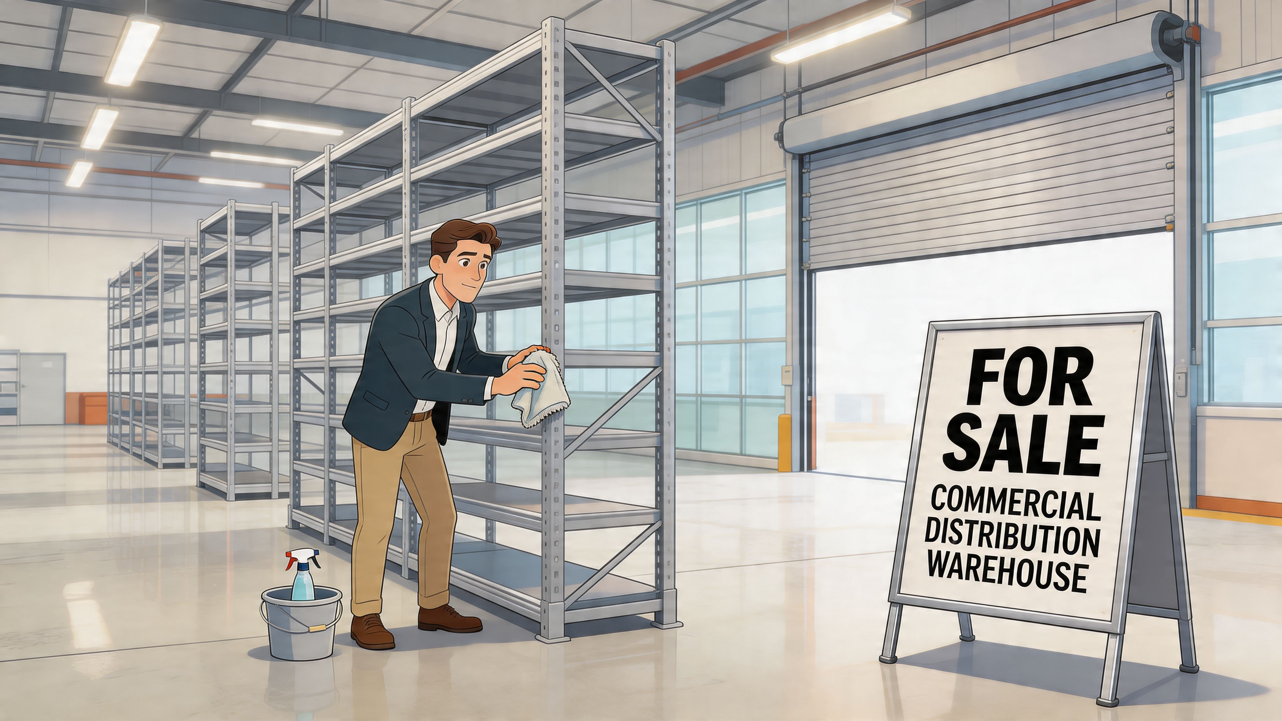 A professional man cleaning metal shelving in a clean, empty commercial warehouse listed for sale.