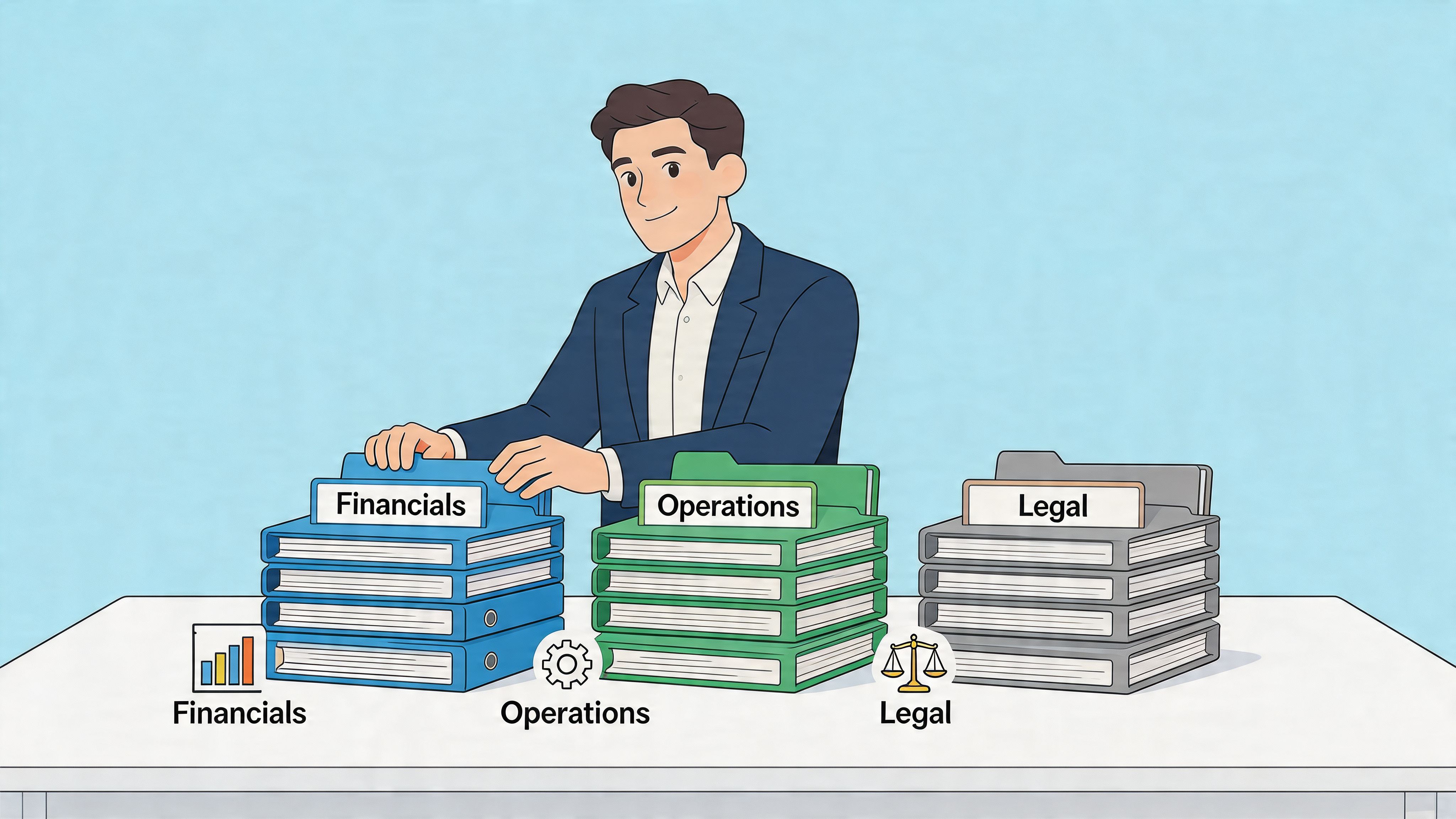 A professional man organizing three stacks of business binders labeled Financials, Operations, and Legal on a desk.