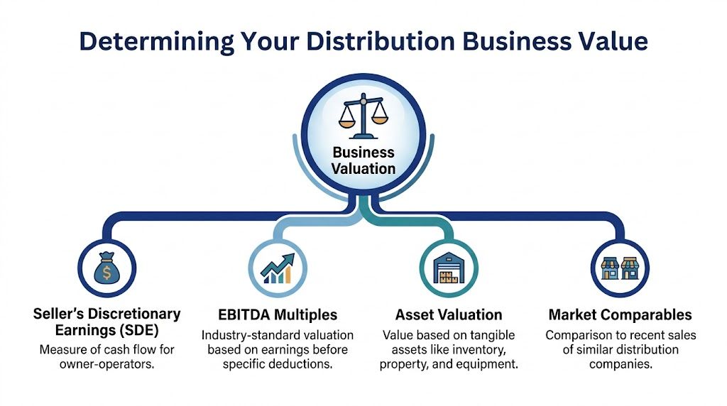 A diagram illustrating four key methods for determining the financial value of distribution companies for sale.