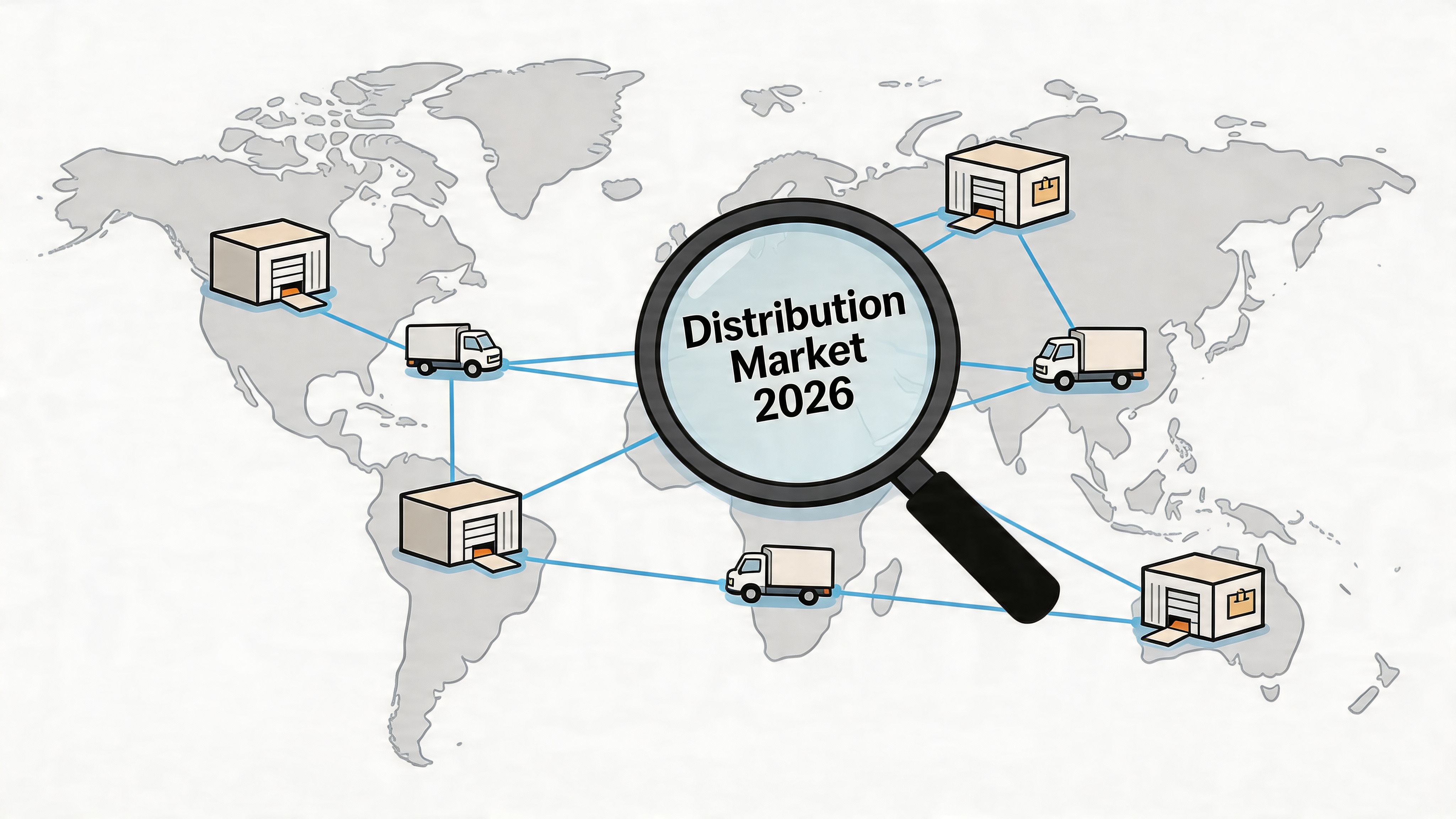 A magnifying glass focused on a global distribution market map with warehouse and truck icons.