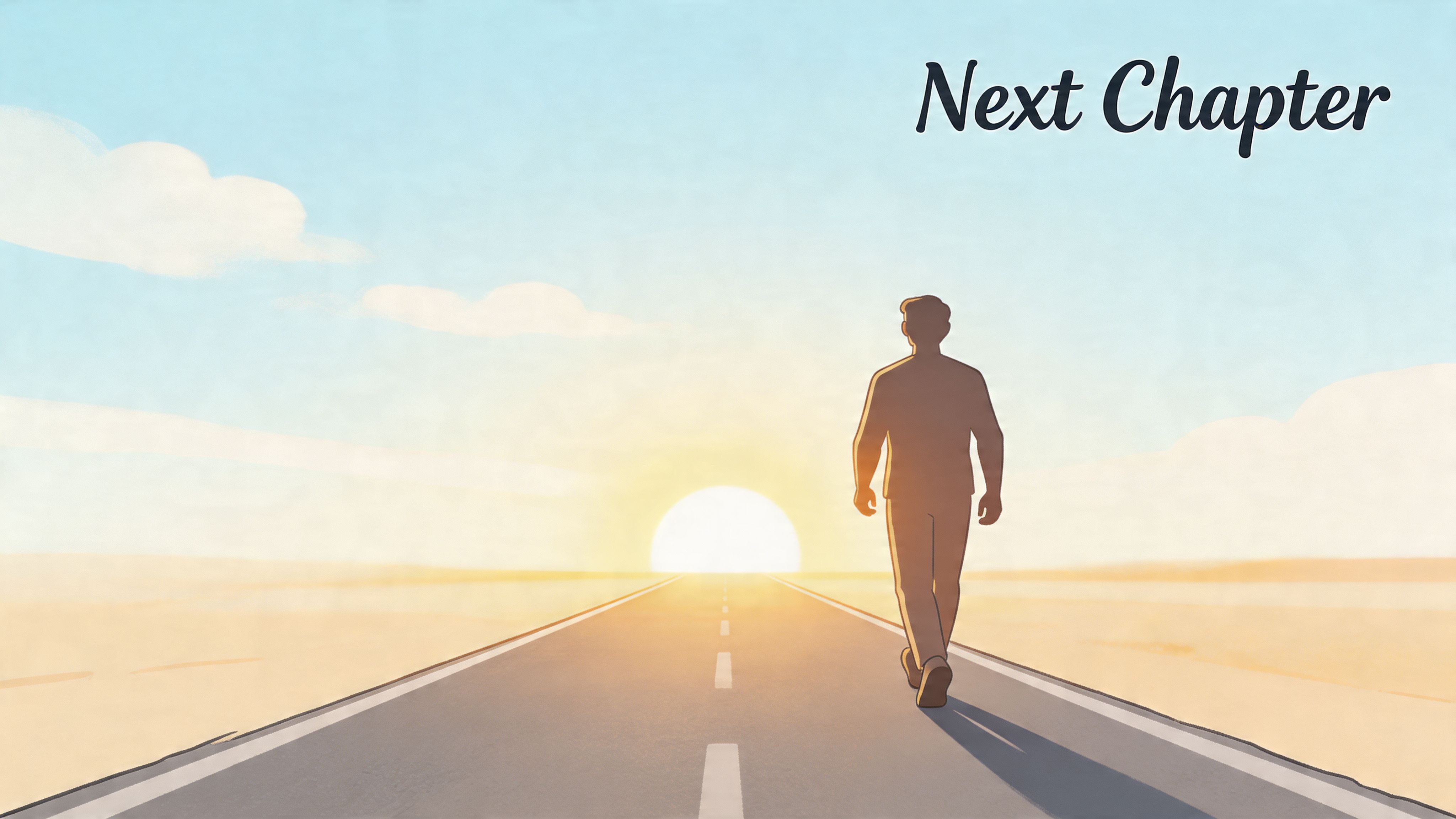 A silhouette of a man walking forward on an empty road towards a bright sunrise.