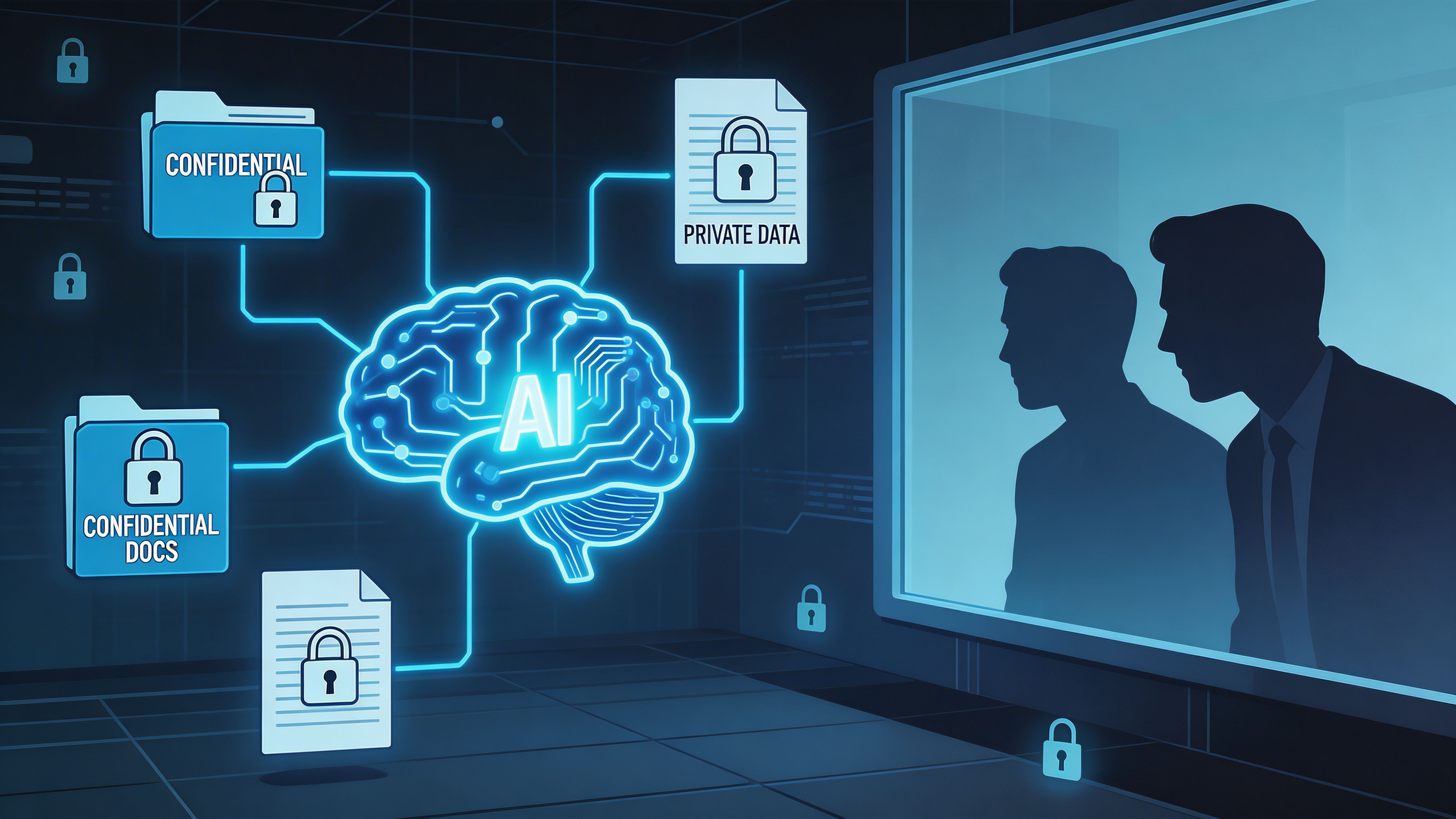 A digital graphic depicting an AI brain icon surrounded by secure data files and business professionals.