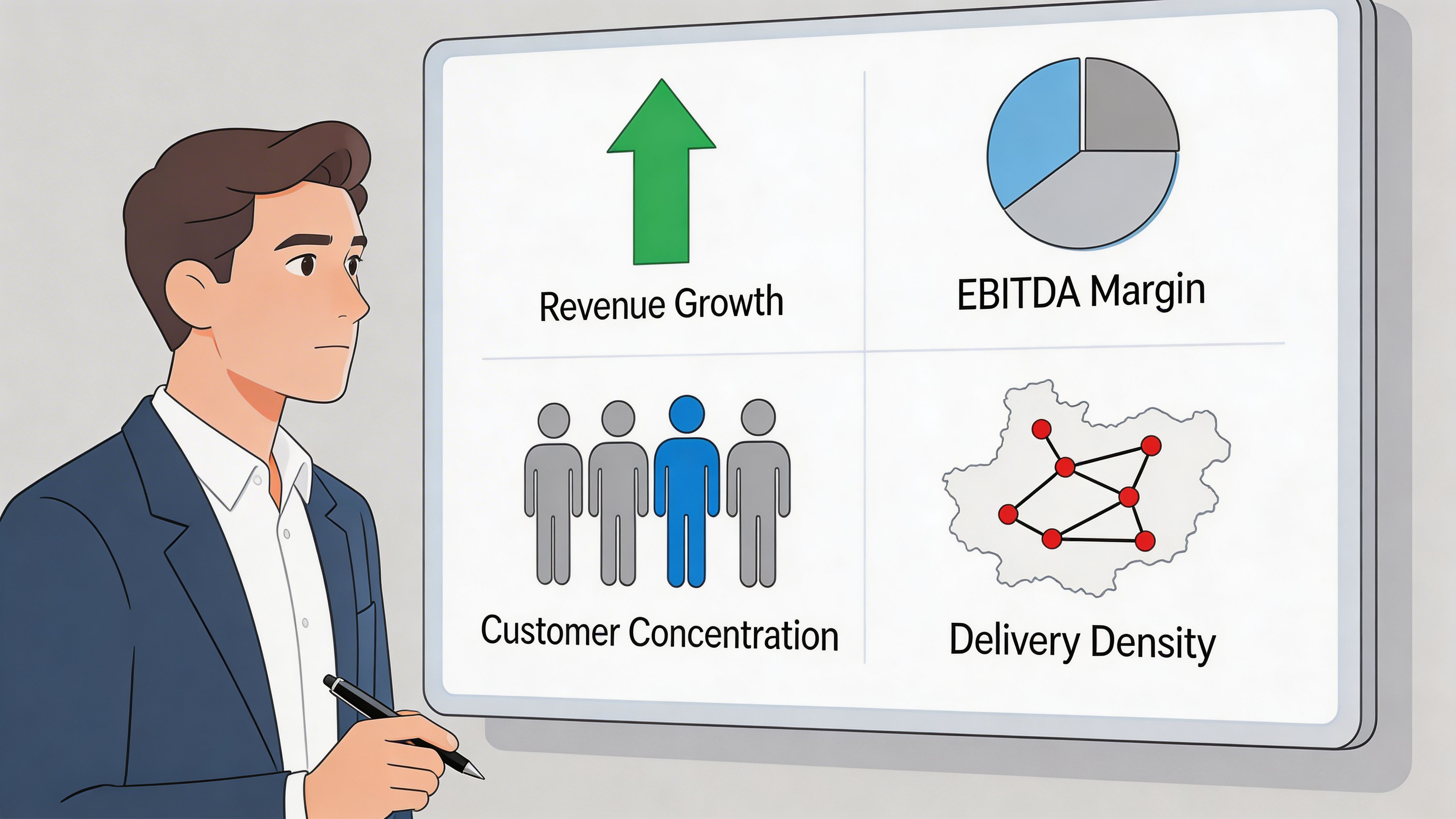 A professional man standing next to a whiteboard showcasing business performance metrics, including growth and efficiency.