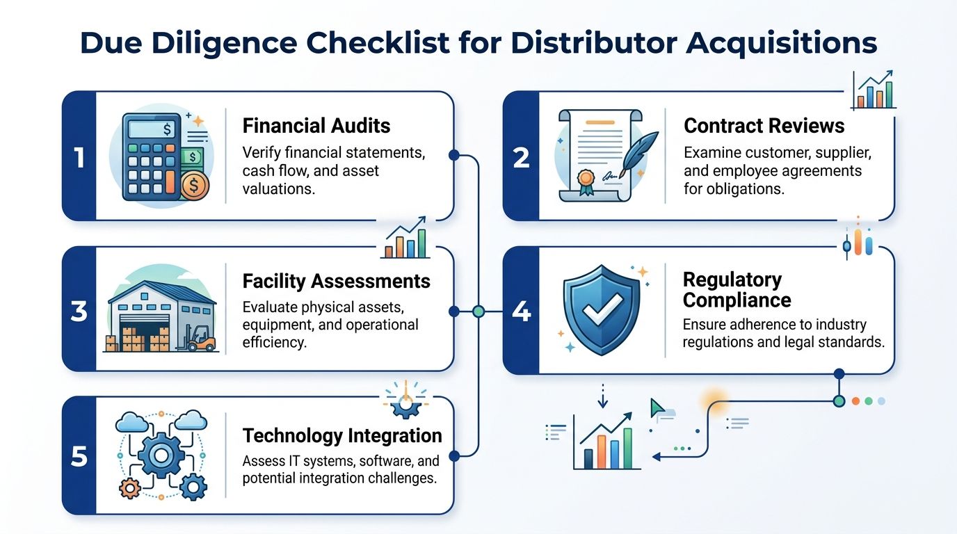 An informative infographic outlining a five-step due diligence checklist for business acquisitions within the distribution sector.