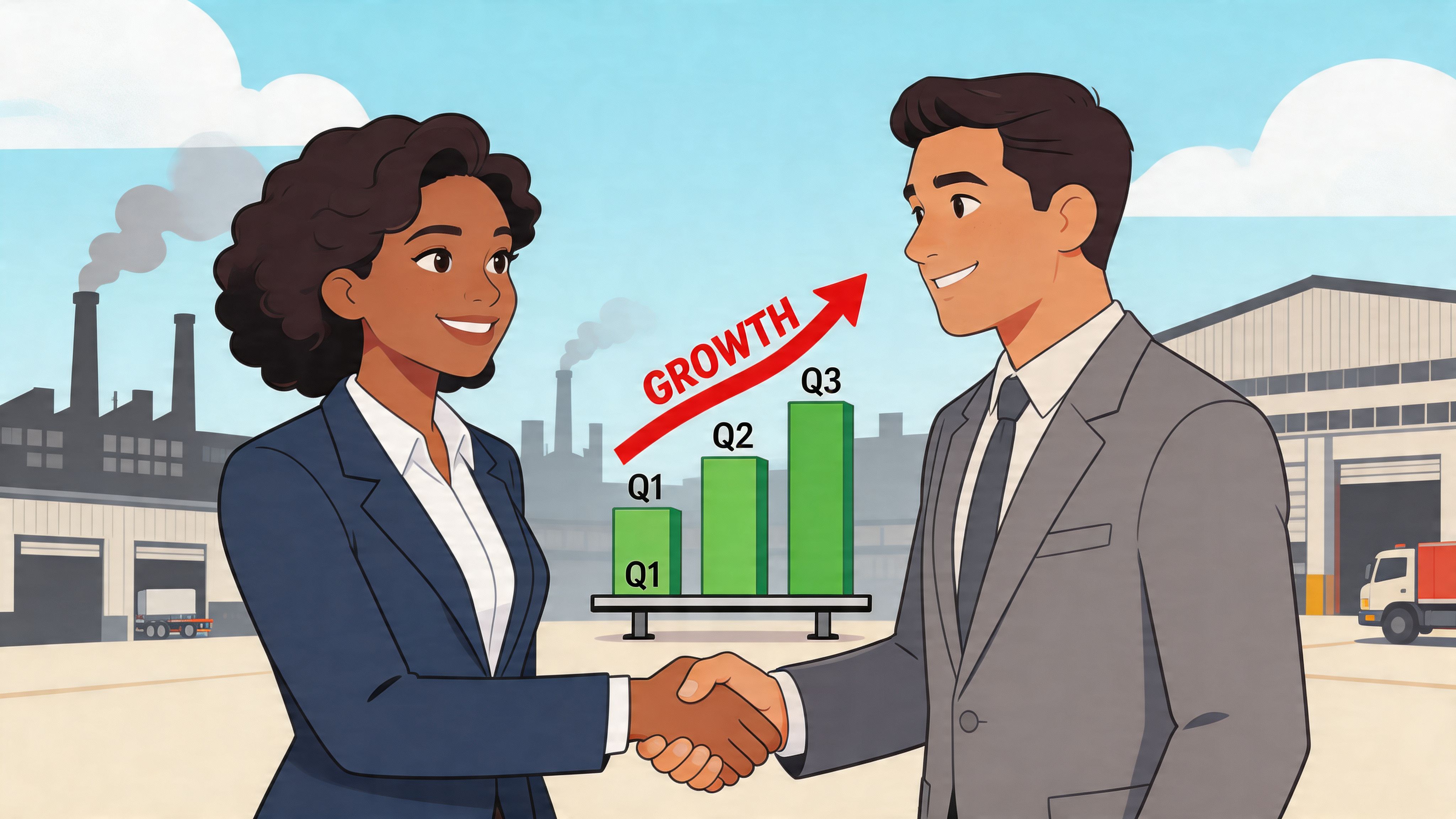A professional woman and man in suits shaking hands in front of a factory growth chart.