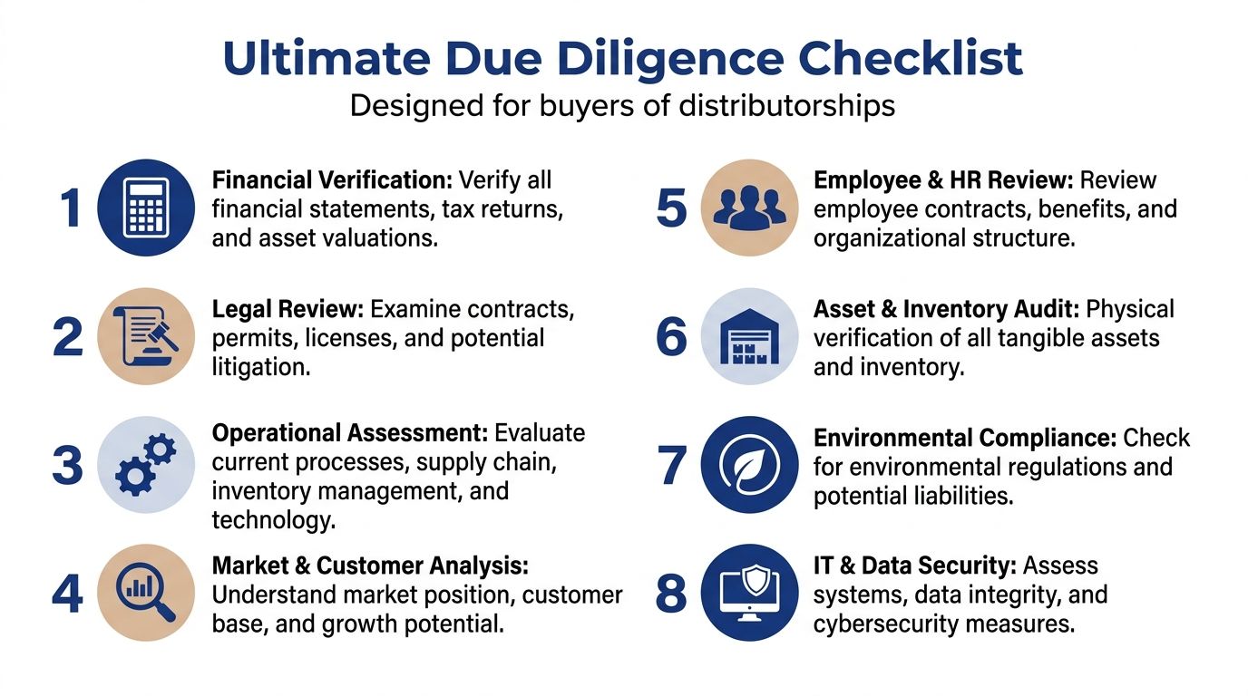 An eight-step due diligence checklist for buyers of distributorships, detailing essential evaluation tasks from financial to security.