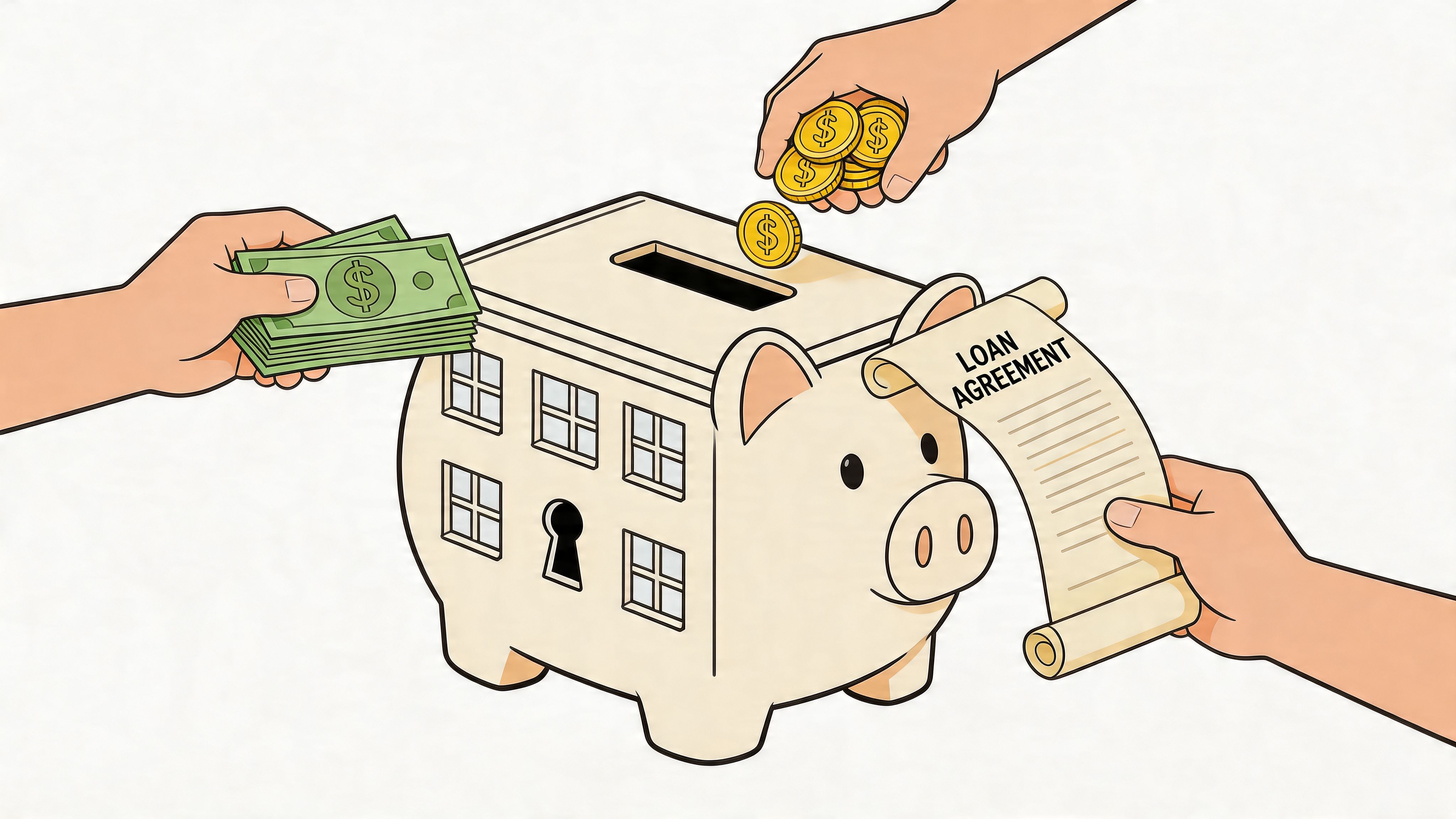 A piggy bank shaped like a house receiving cash and coins with a loan agreement document.