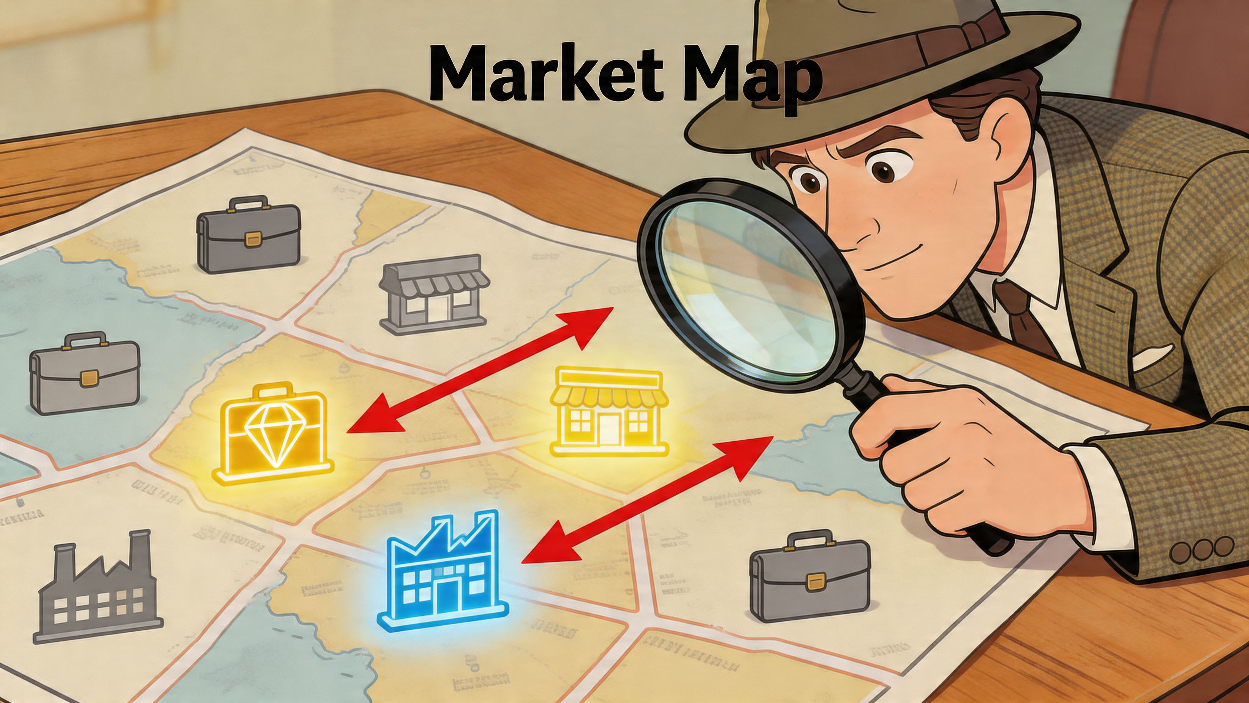 An animated detective uses a magnifying glass to analyze a colorful map representing business and distributorships opportunities.