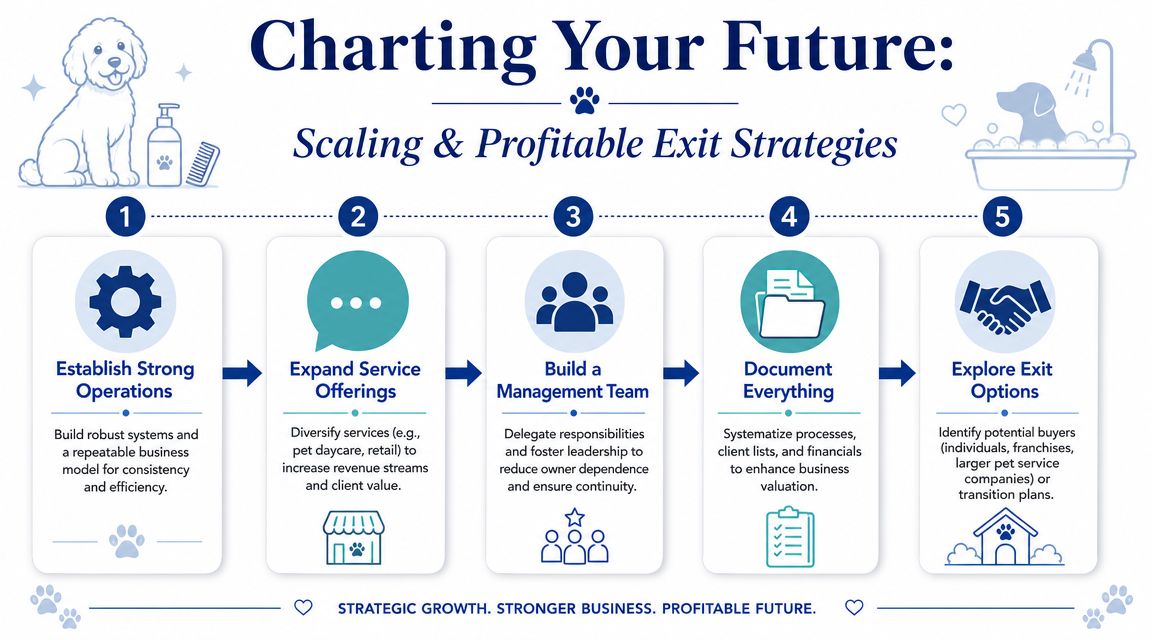 An infographic showing a five-step plan for scaling a dog grooming business and preparing for a profitable exit.