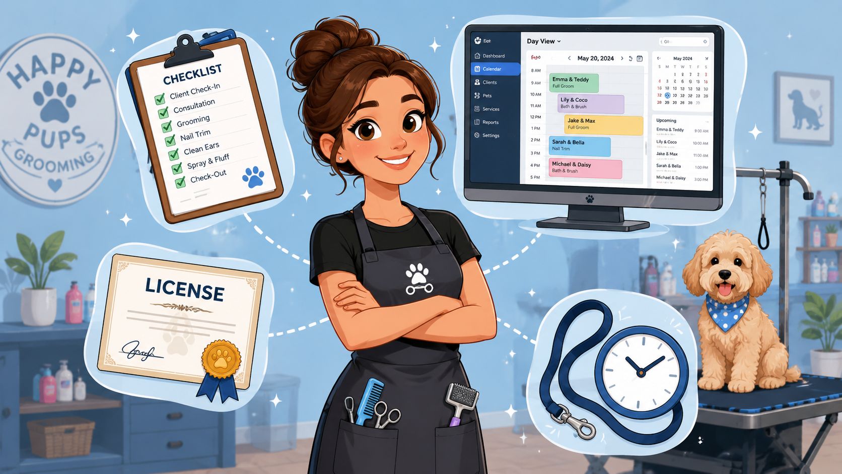 A friendly pet groomer in a salon with a digital schedule, checklist, license, and a cute dog.