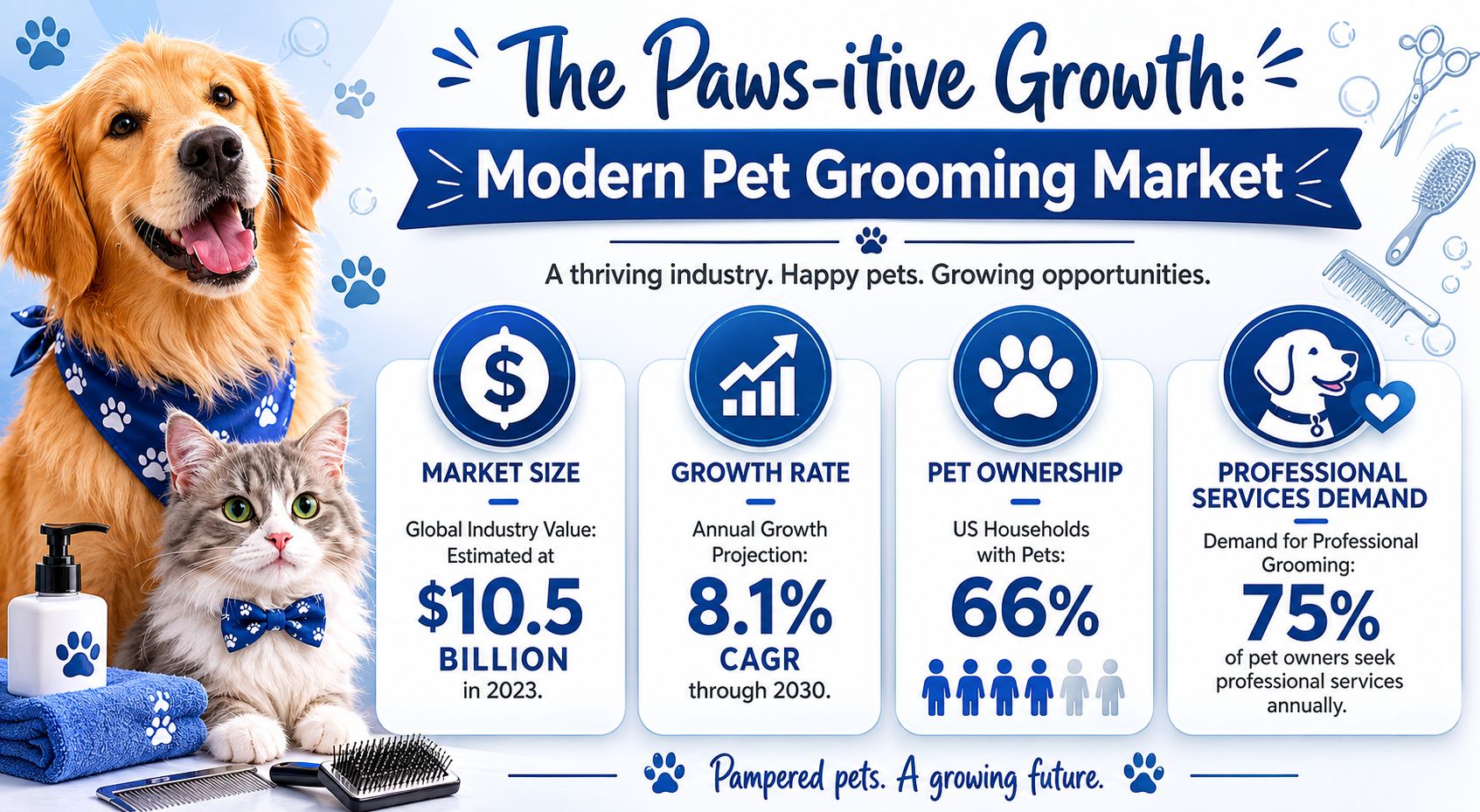 An infographic showing pet grooming market growth trends with statistics on industry value, growth rates, and service demand.