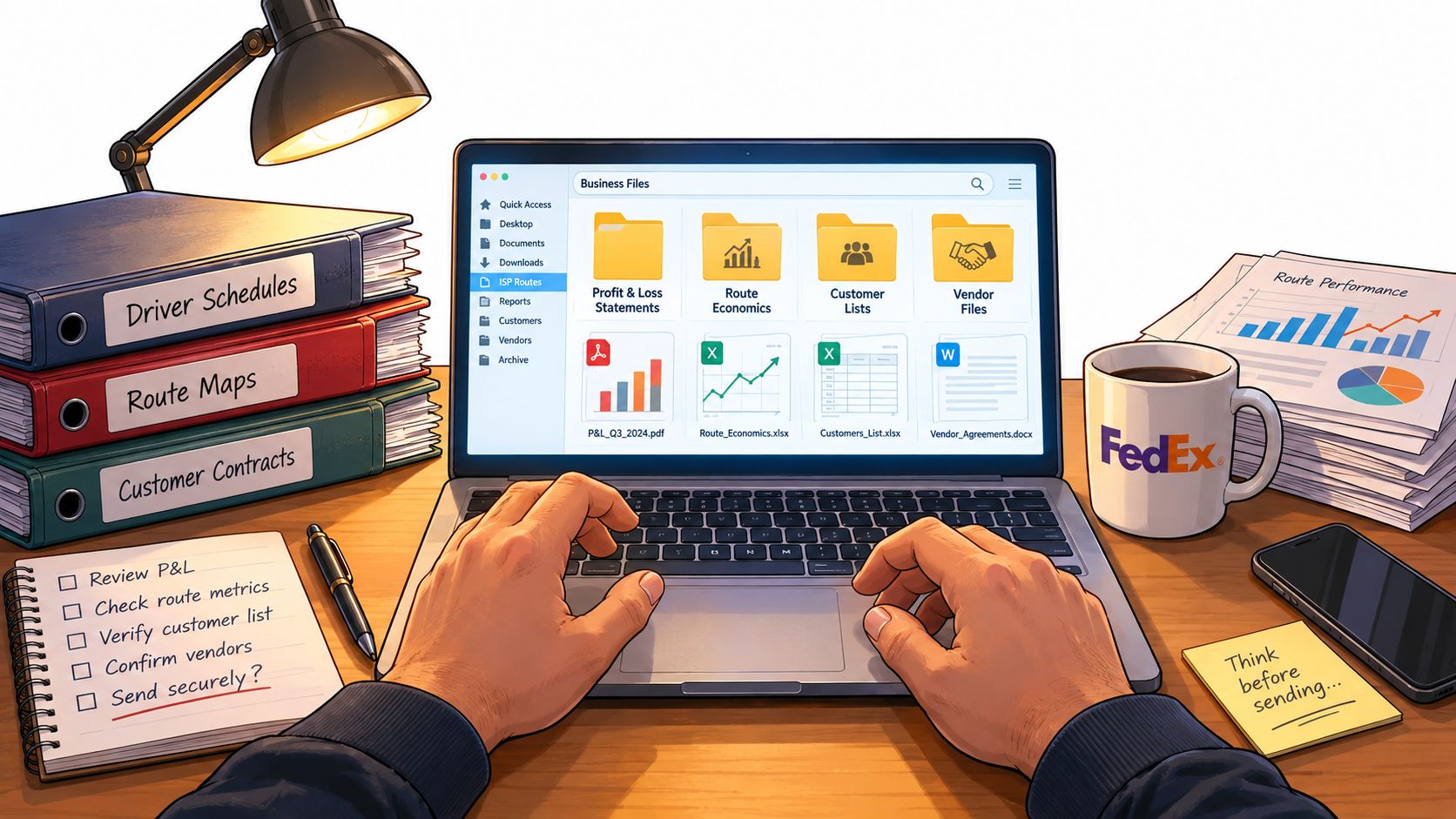 A person working at a desk with a laptop, organized binders, and a FedEx mug.