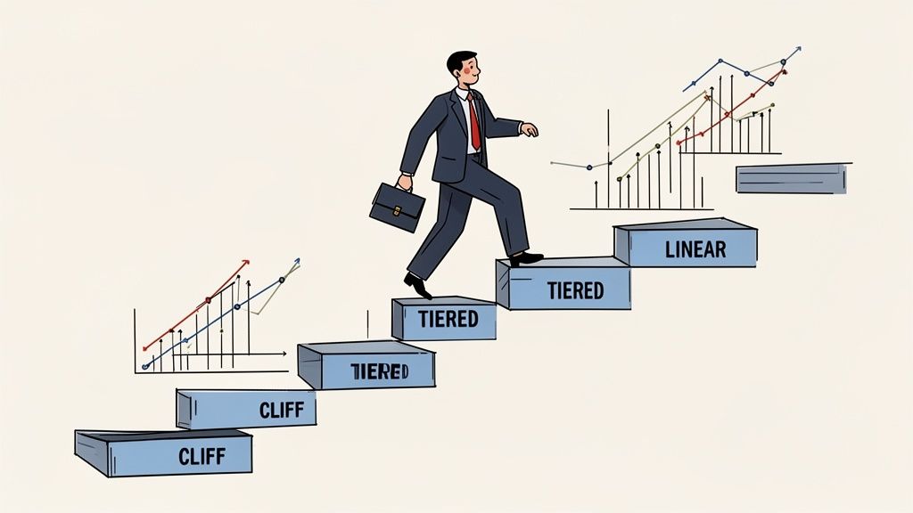 A businessman climbing a staircase illustration representing different earn out structures like cliff, tiered, and linear models.