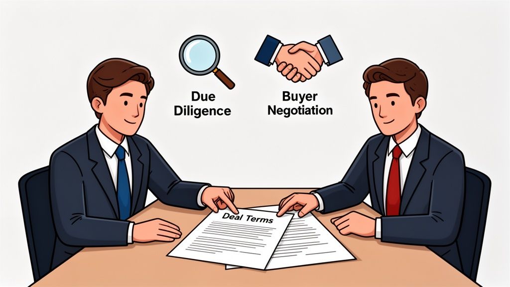 Two professional businessmen sitting at a desk reviewing a contract labeled Deal Terms during a business meeting.
