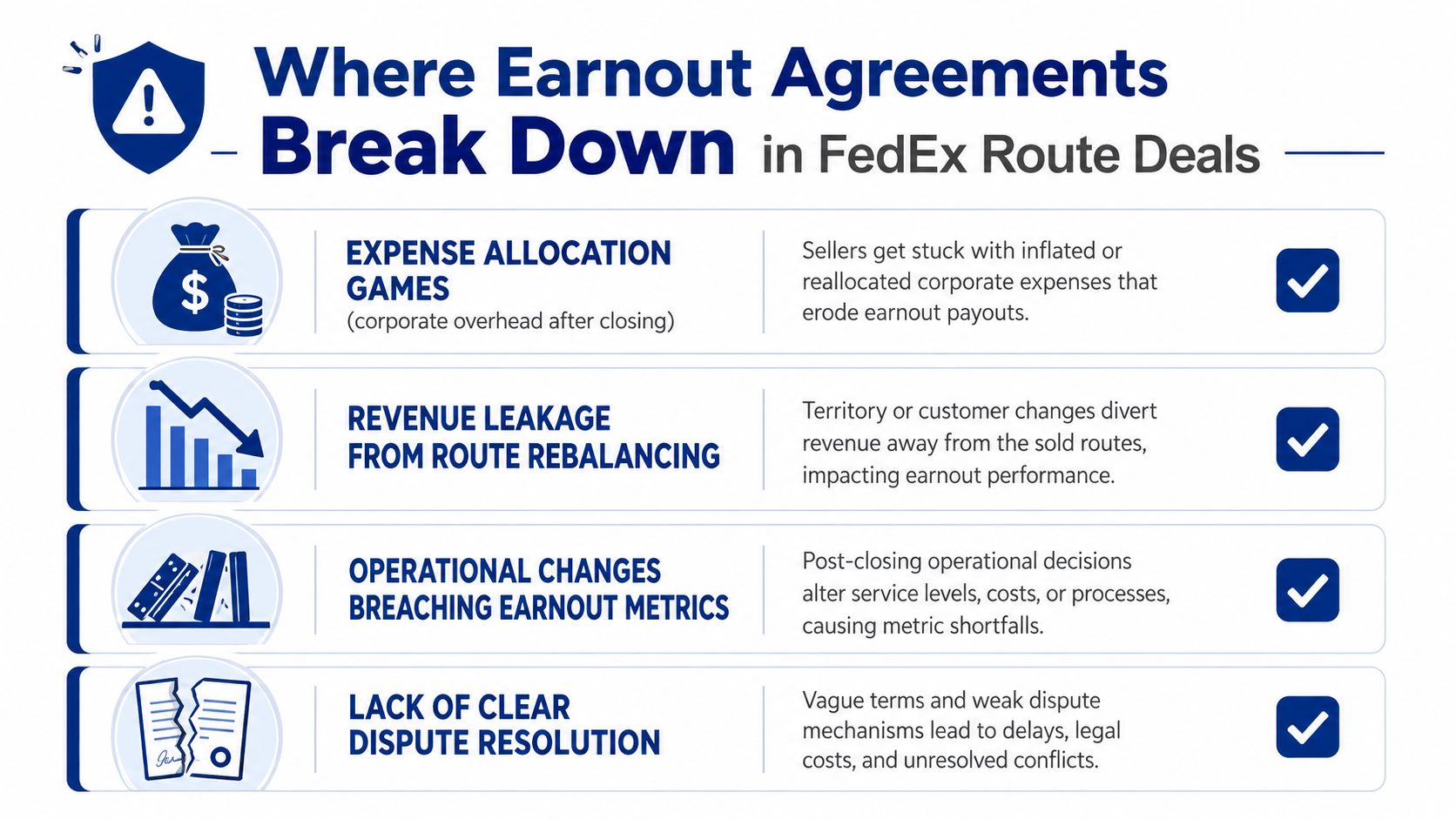 An infographic detailing four common reasons why earnout agreements break down in FedEx route business sales.