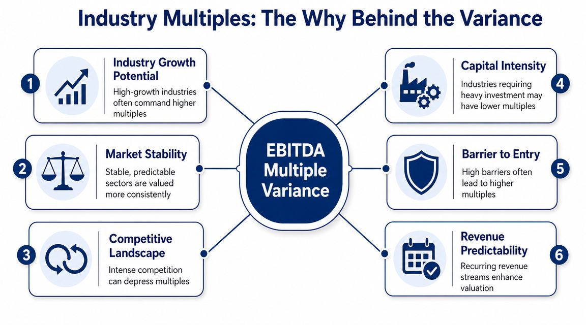 A diagram illustrating six key factors influencing EBITDA valuation multiples across various business industries.