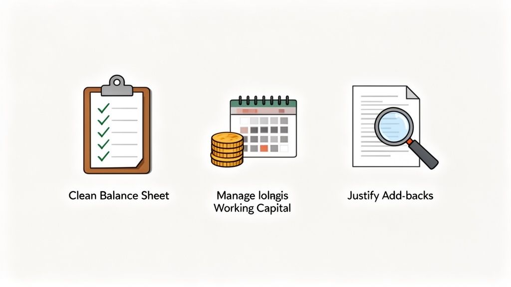 Three icons representing financial concepts: clean balance sheet, managing working capital, and justifying add-backs.