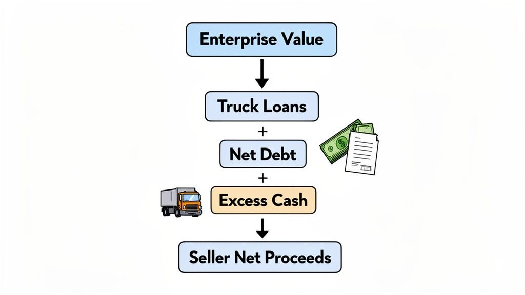 Flowchart illustrating the calculation of Seller Net Proceeds from Enterprise Value using debt and cash adjustments.