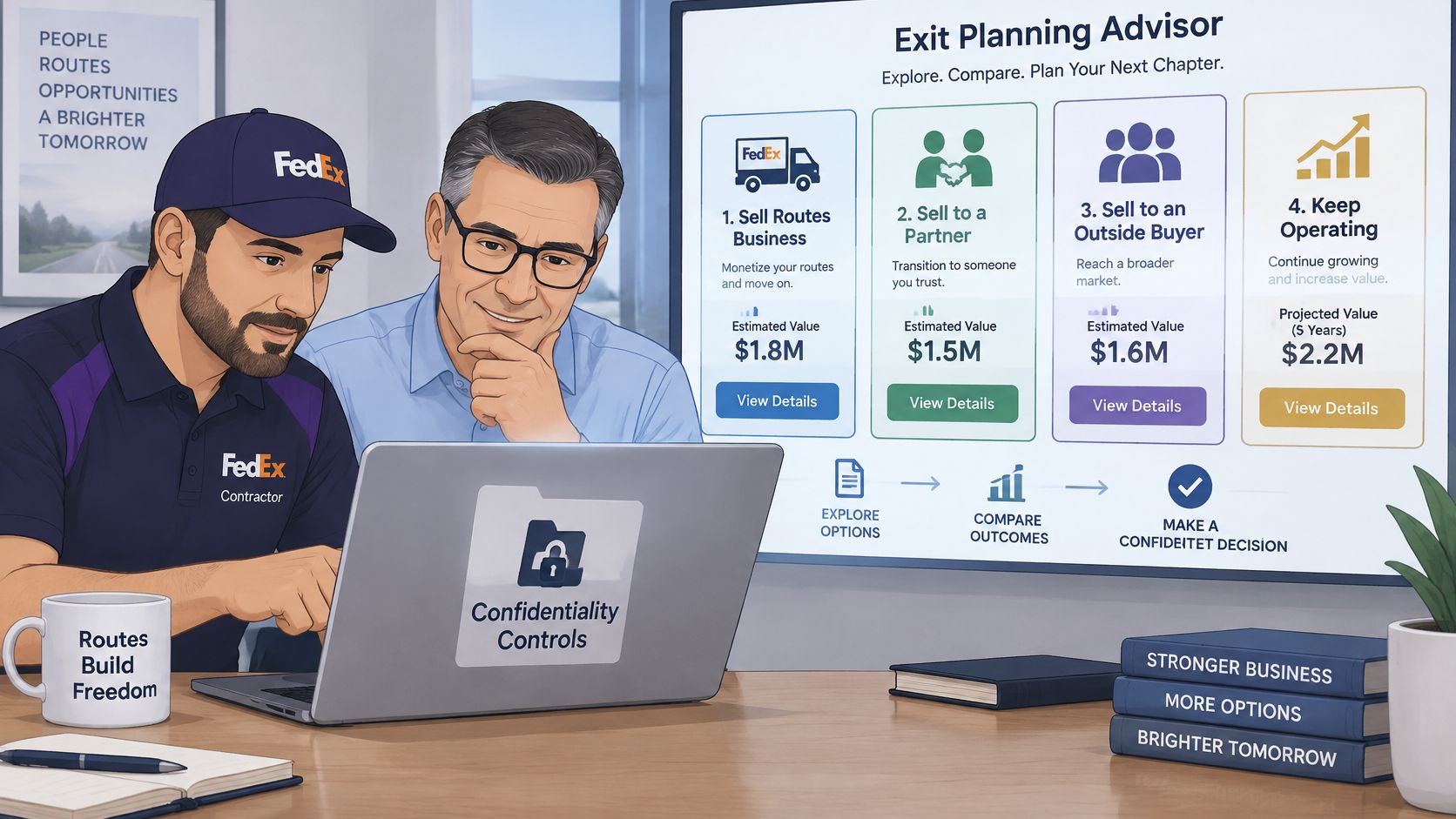 A FedEx contractor and an advisor reviewing exit planning software options on a laptop in an office.