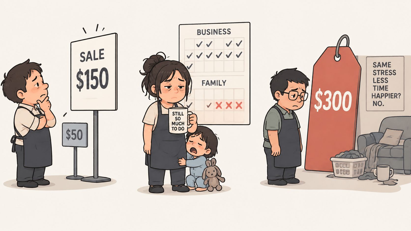 An illustration showing the personal cost and stress of small business owners balancing work and family life.