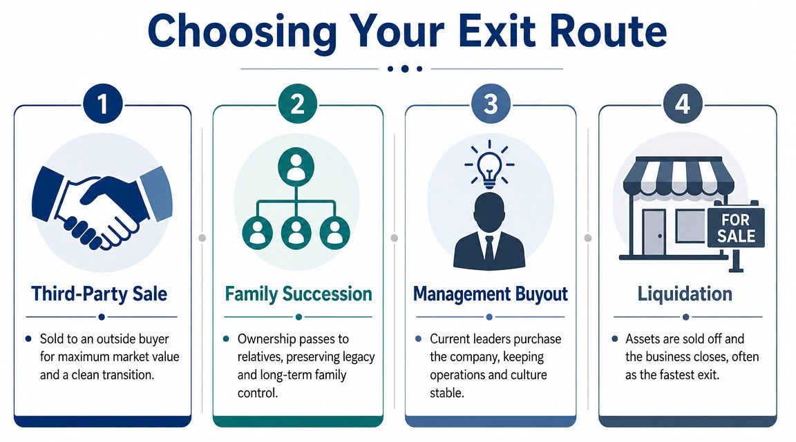 An infographic titled Choosing Your Exit Route showing four options: Third-Party Sale, Family Succession, Management Buyout, and Liquidation.