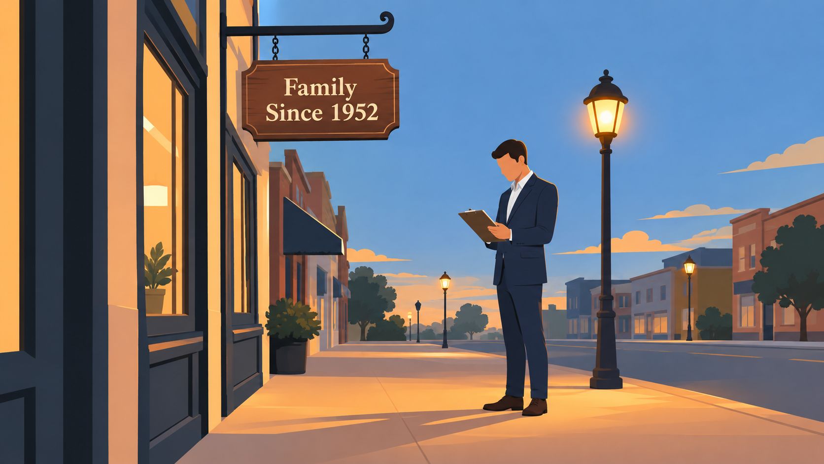 A professional man in a suit takes notes on a clipboard in front of a storefront.