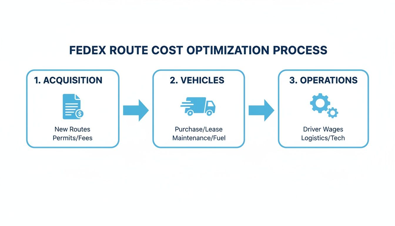 Diagram illustrating the FedEx route cost optimization process with three key steps: acquisition, vehicles, and operations.