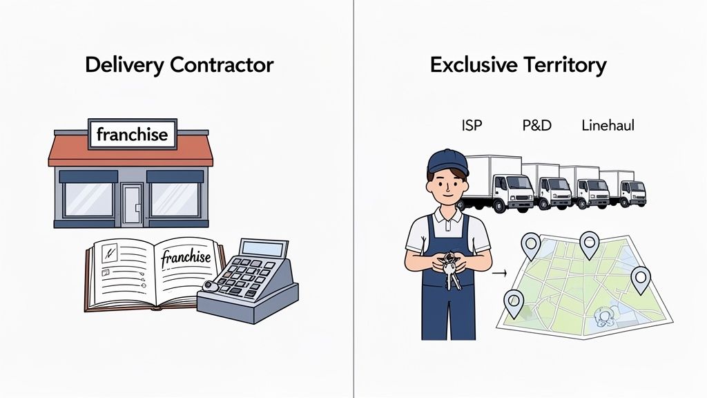 Two panels illustrate a delivery contractor franchise with a store and an exclusive territory with a worker, trucks, and a map.