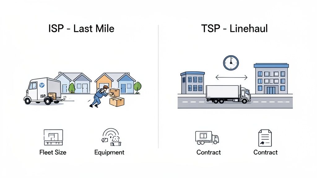 Illustration comparing ISP last-mile residential delivery with TSP linehaul between commercial buildings, highlighting fleet, equipment, and contracts.