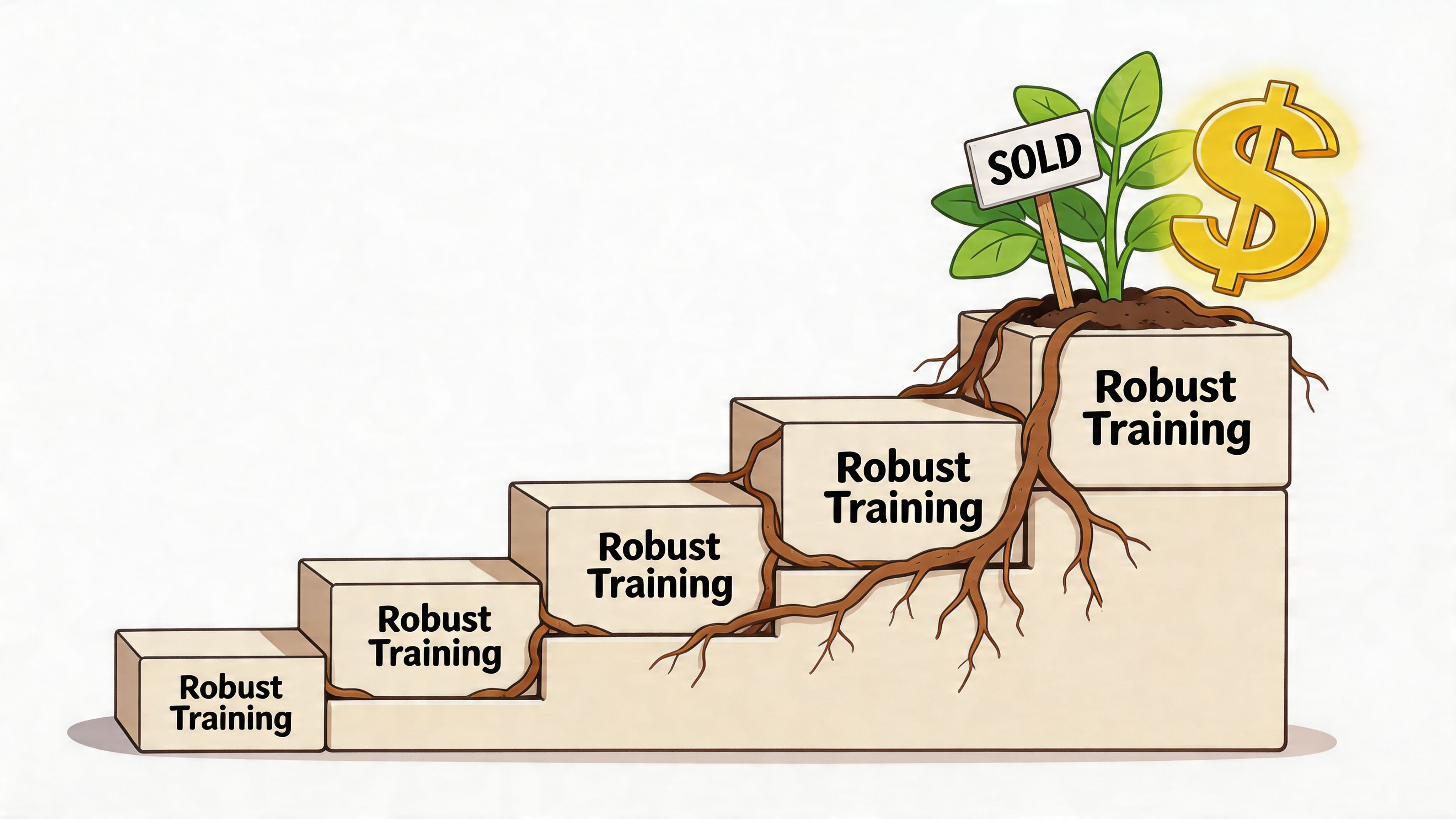 A staircase illustration with blocks labeled Robust Training leading to a successful business growth plant.