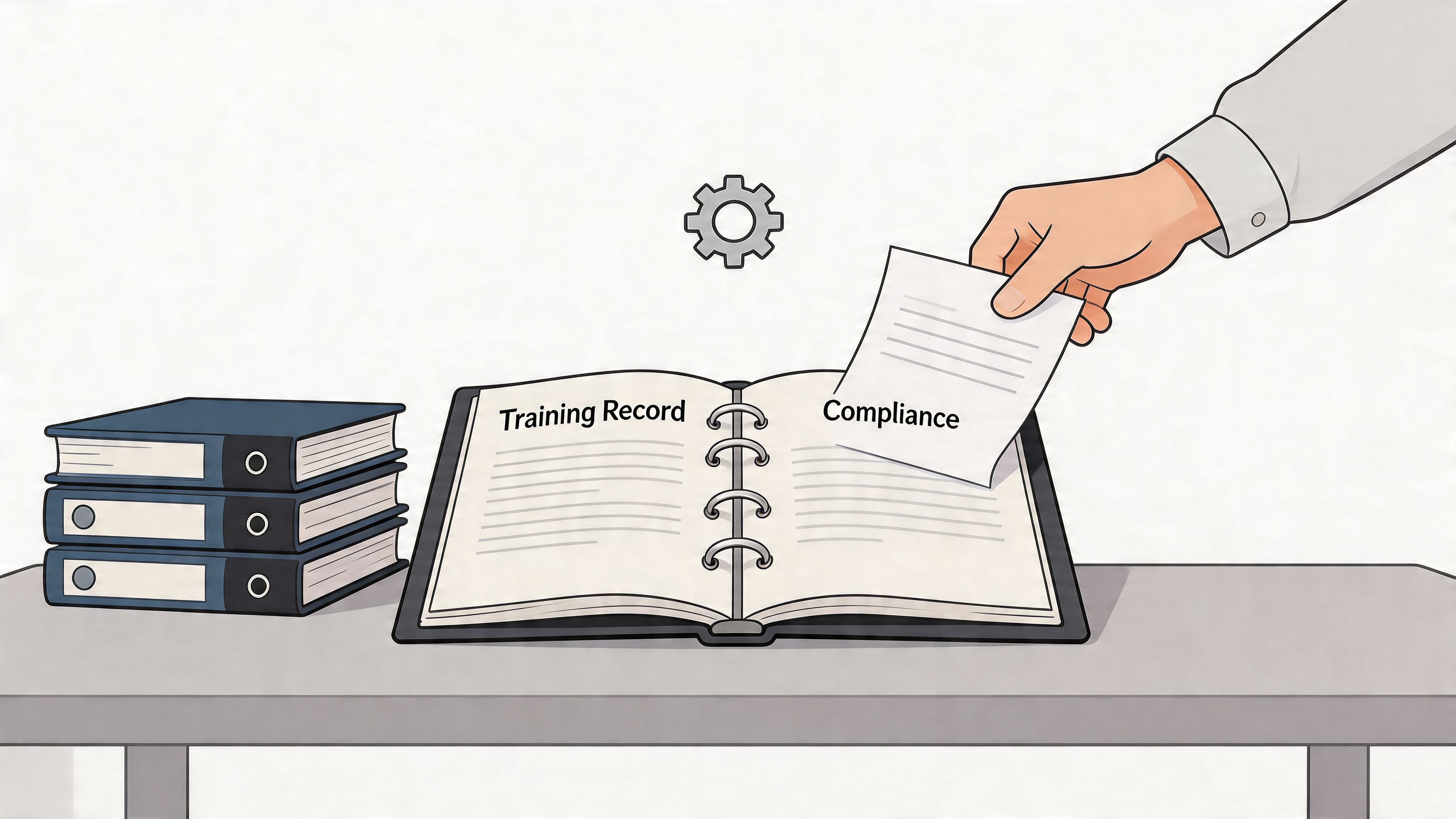 A hand placing a document labeled Compliance onto an open binder titled Training Record on a desk.