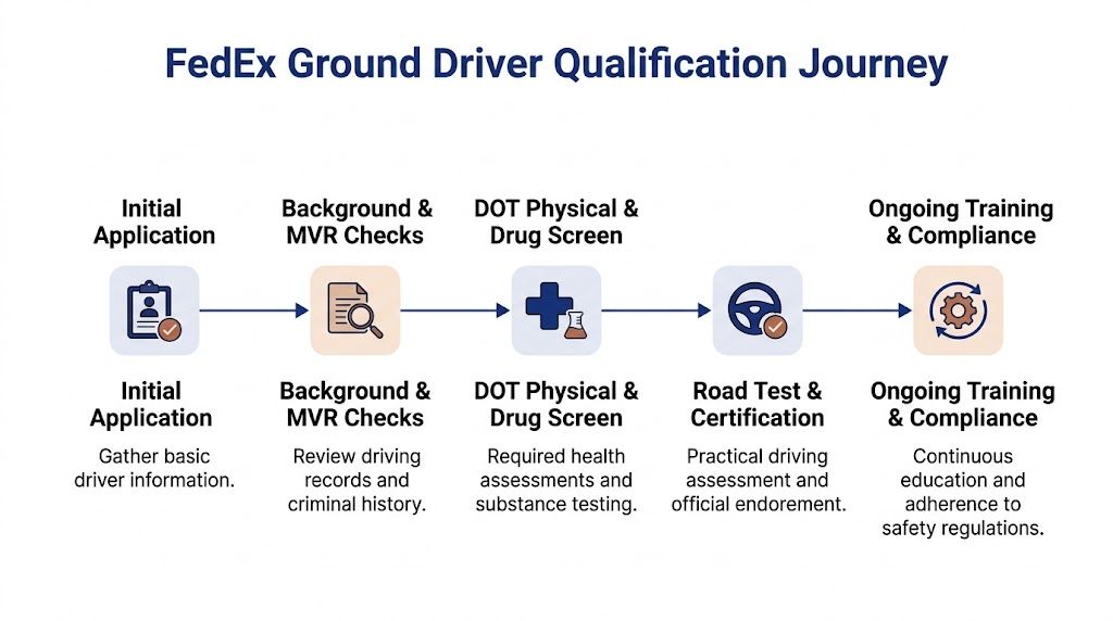 A process chart showing the FedEx Ground driver qualification journey from initial application to ongoing training and compliance.