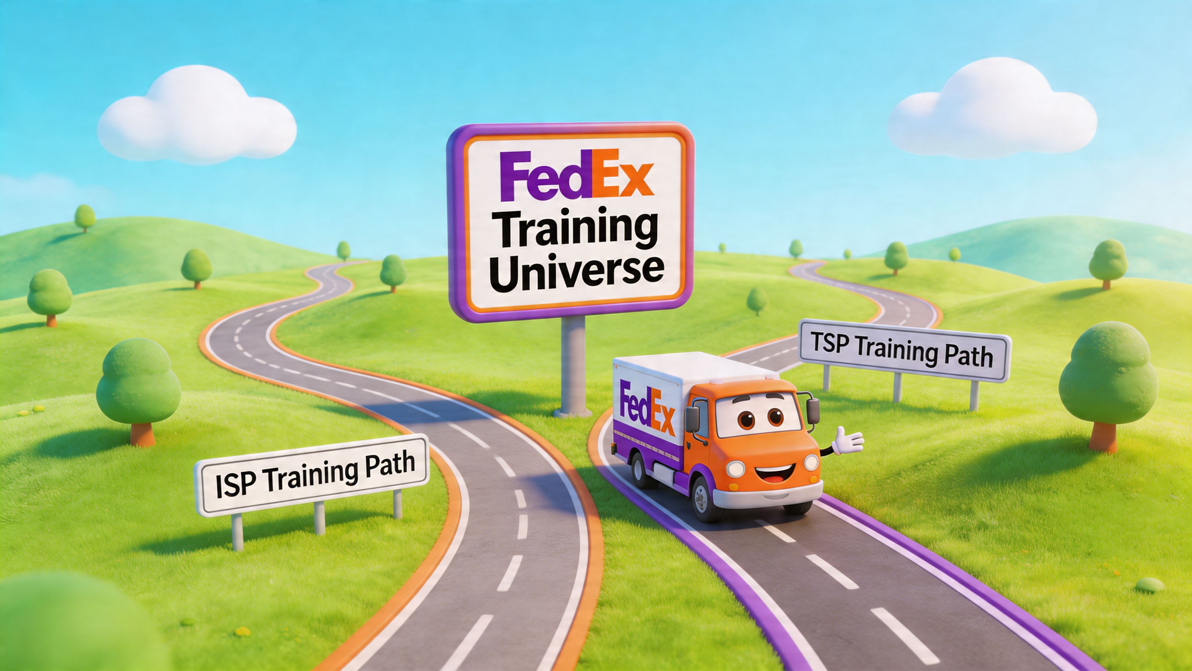 A cartoon FedEx truck traveling between two paths representing the ISP Training Path and TSP Training Path.