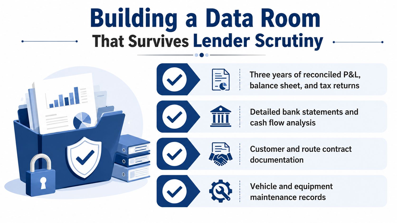 An infographic detailing essential documentation for a business data room to prepare for lender scrutiny.