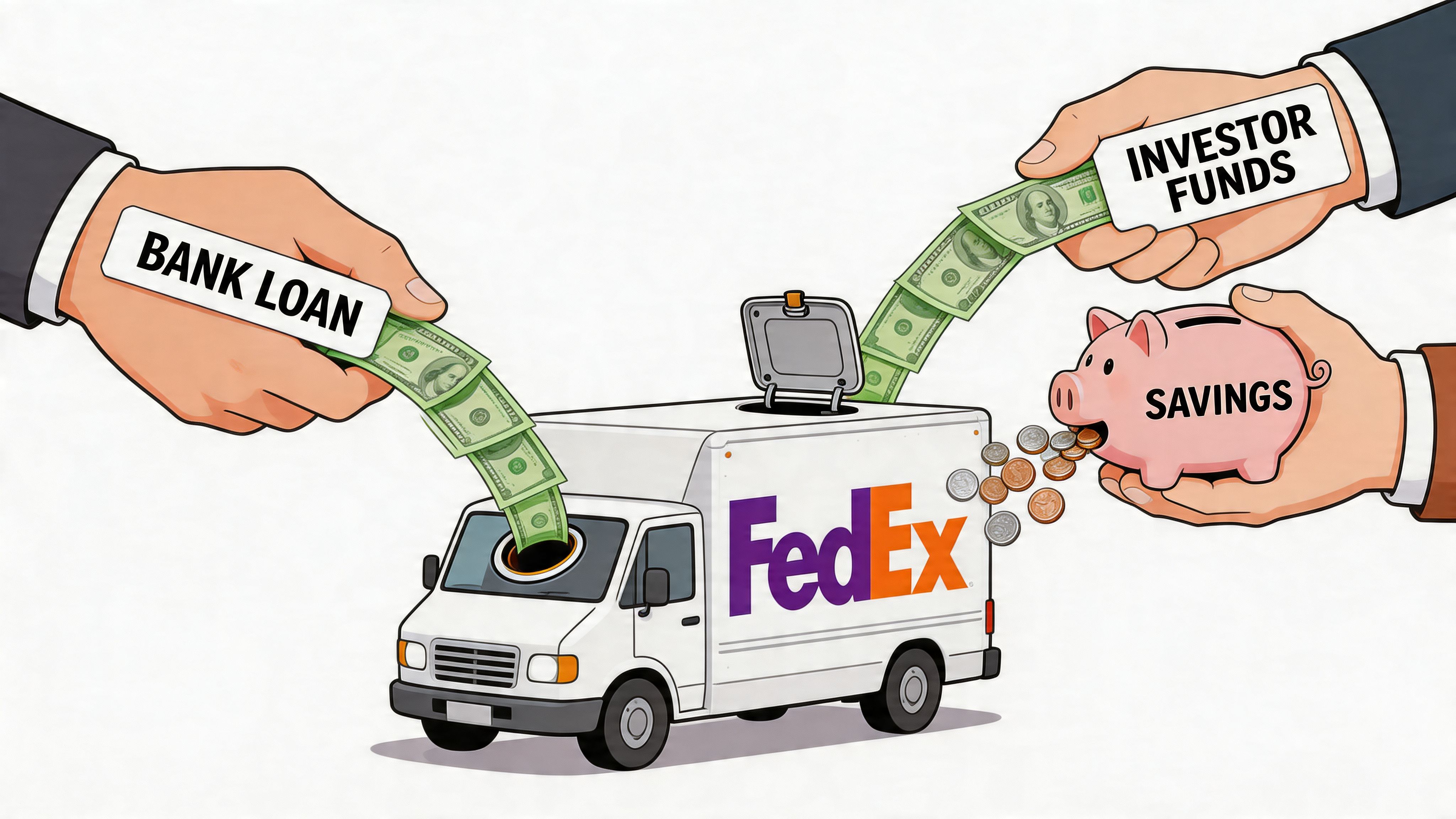 An illustration showing a FedEx truck being funded by bank loans, investor funds, and personal savings.