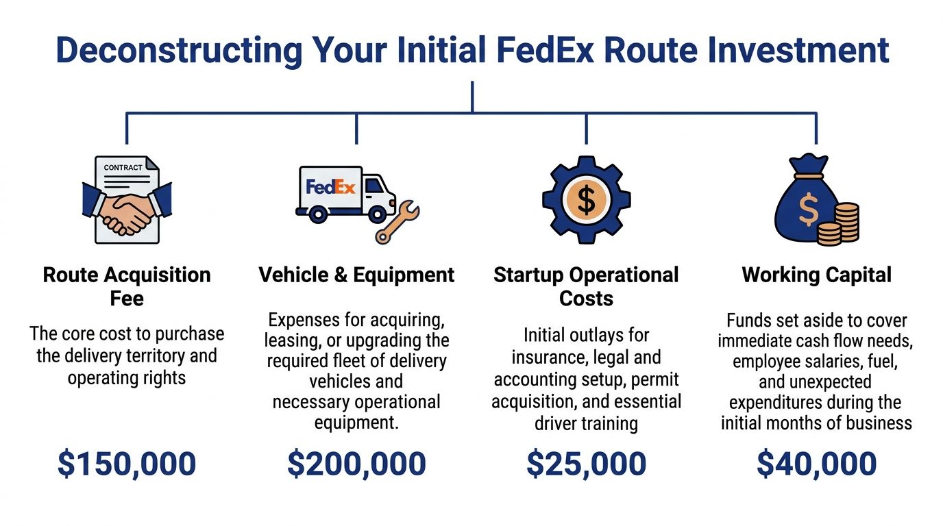 A breakdown infographic showing the initial investment costs required to purchase a FedEx delivery route business.