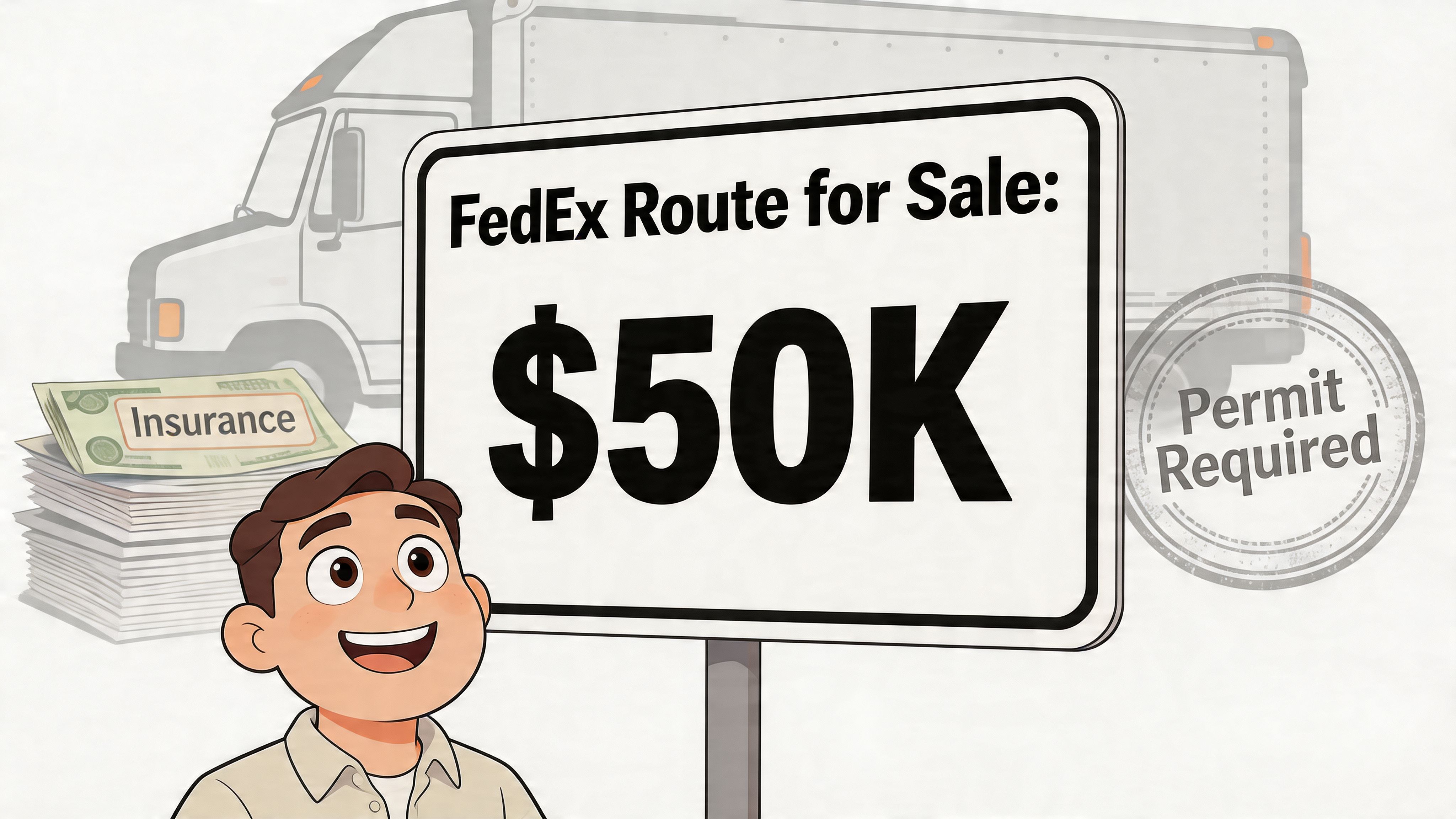 A cartoon man looking at a sign advertising a FedEx route for sale for 50,000 dollars.