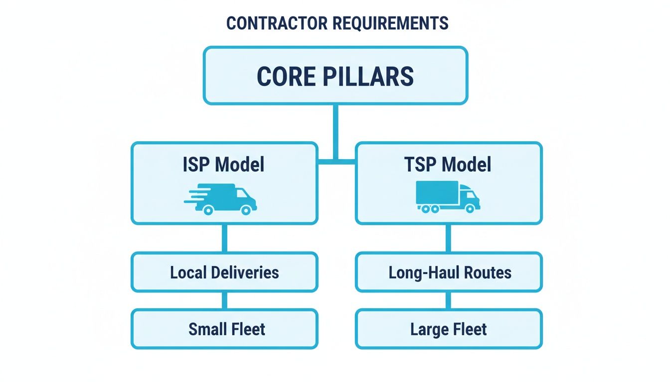 Flowchart outlining contractor requirements for ISP and TSP delivery models, detailing local versus long-haul routes and small versus large fleets.