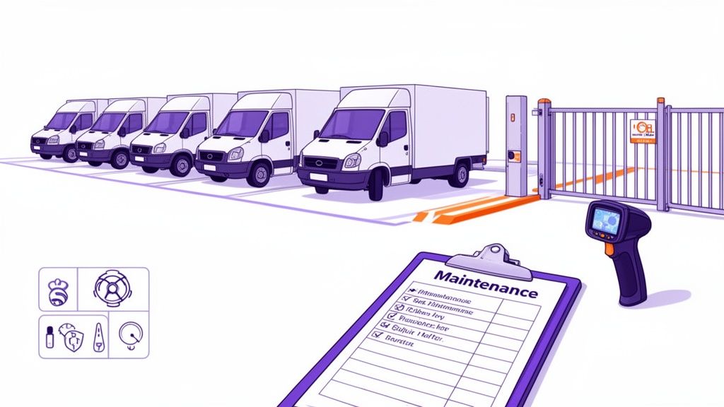 A fleet of white delivery vans parked next to an automated gate with a maintenance checklist.
