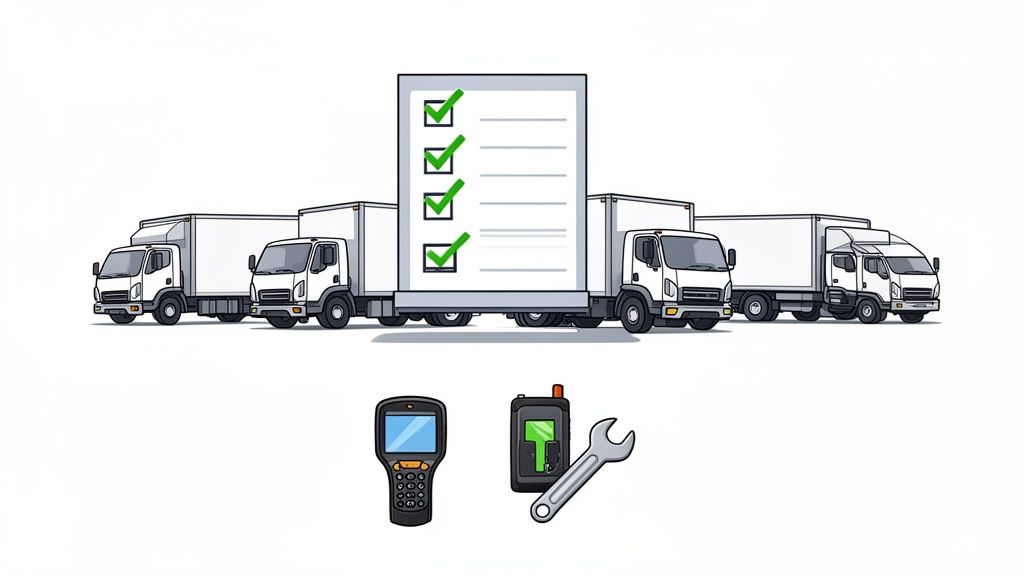 Illustration of white delivery trucks, a completed checklist, a handheld scanner, and a wrench.