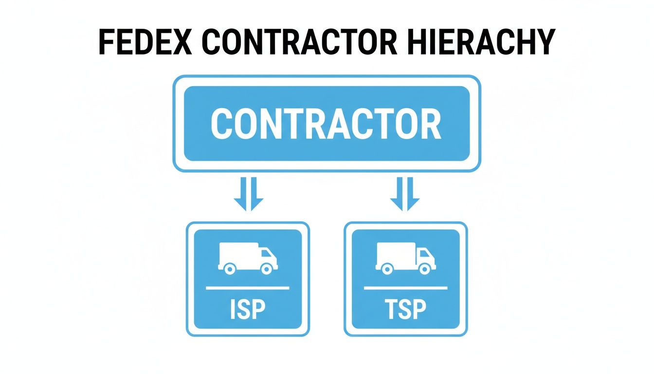 A FedEx contractor hierarchy diagram displaying Contractor at the top, leading to ISP and TSP below.