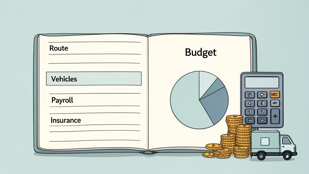 An illustration of an open notebook detailing routes, vehicles, payroll, insurance, and a budget pie chart, alongside a calculator, coins, and a delivery truck.