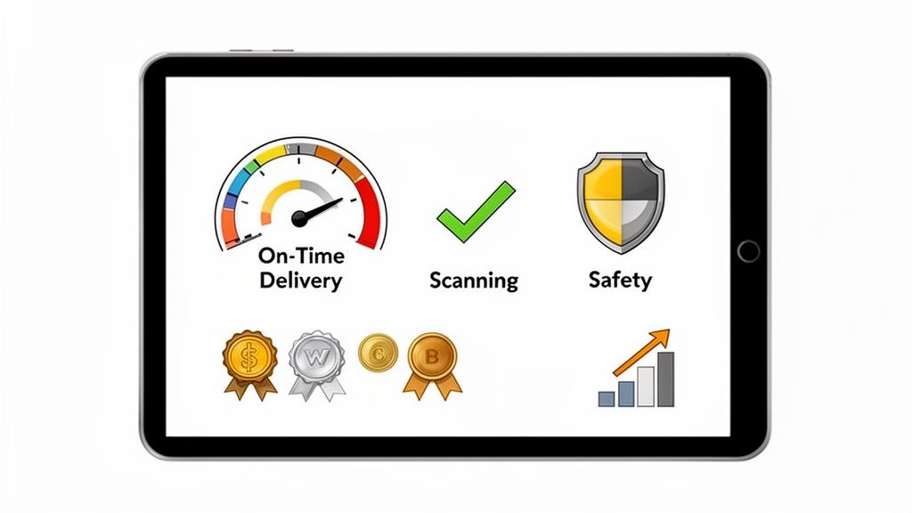 A tablet screen displaying various business performance metrics, including on-time delivery, scanning, safety, achievements, and growth.