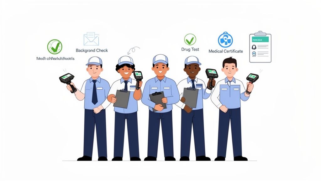 Five diverse workers with scanners, clipboards, and icons for background, drug, and medical checks.