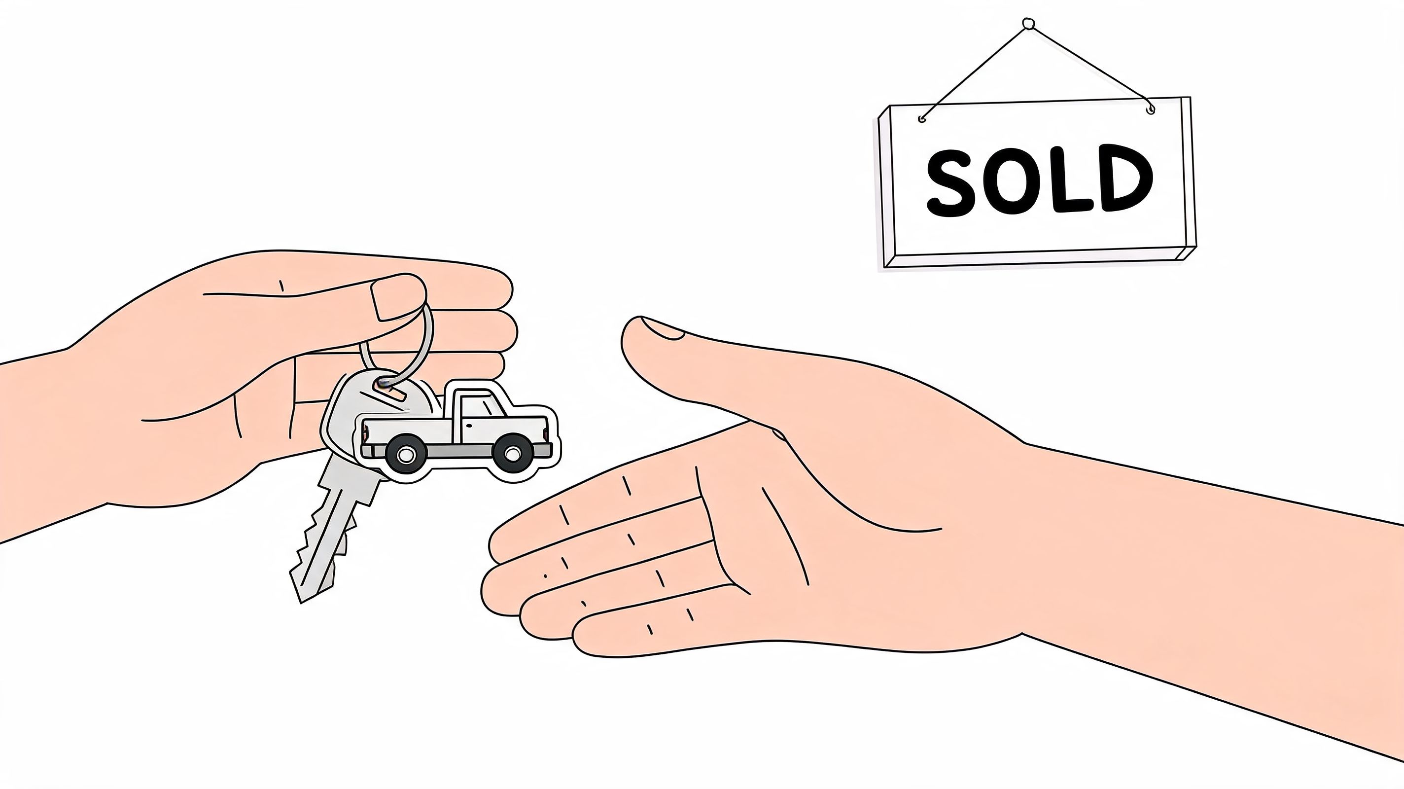 A hand passing a car key to another person with a sold sign in the background