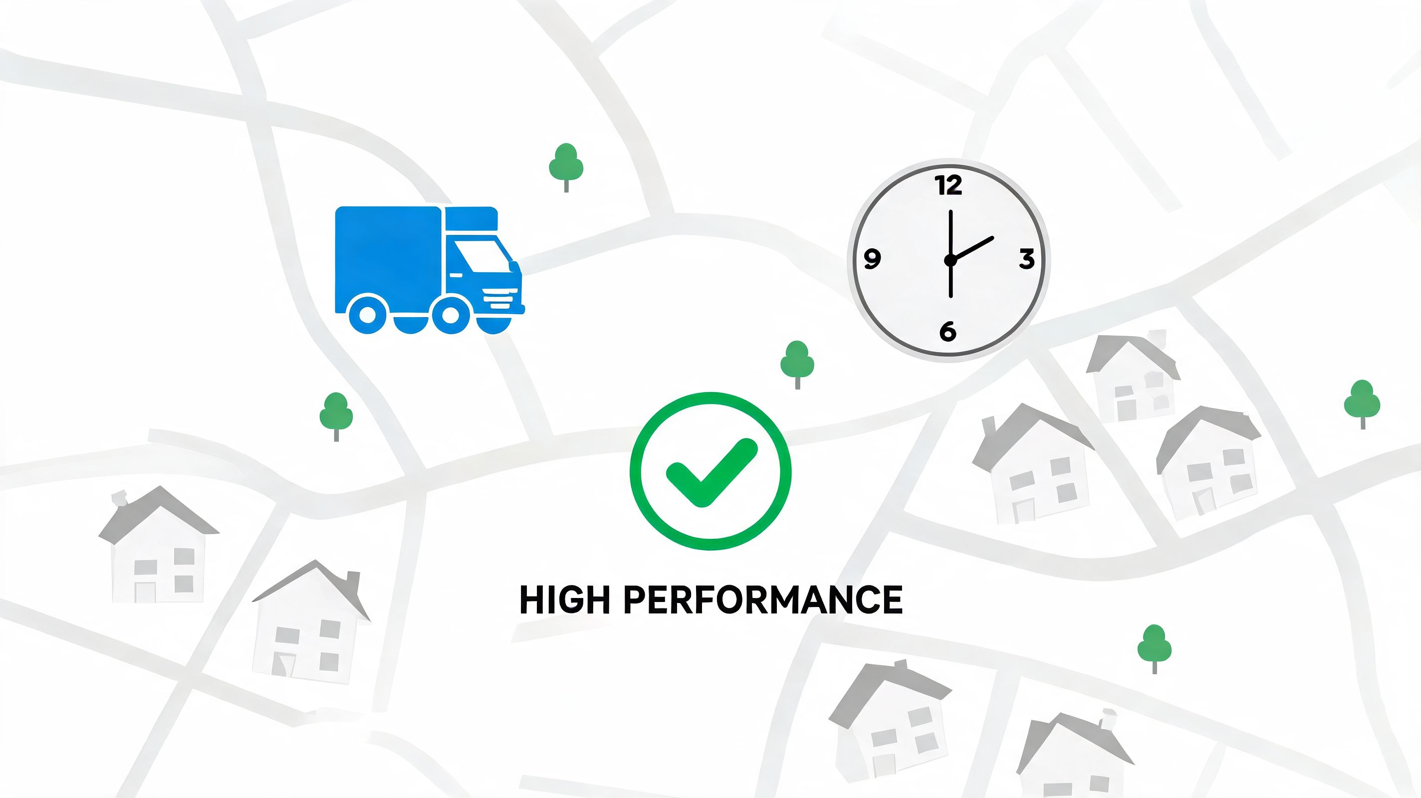 A map illustration featuring a delivery truck, a clock, and a checkmark symbolizing high-performance delivery routes.