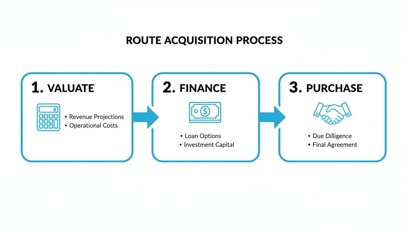 Three-step route acquisition process showing valuation, financing, and purchase stages with key considerations.