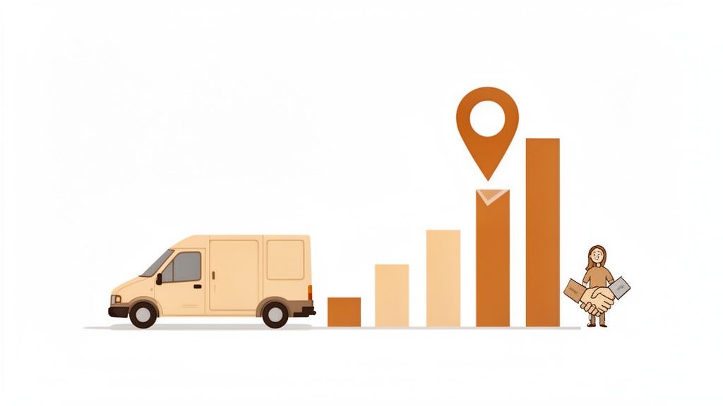 A delivery van, increasing bar graph with a location pin, and a handshake representing business growth.